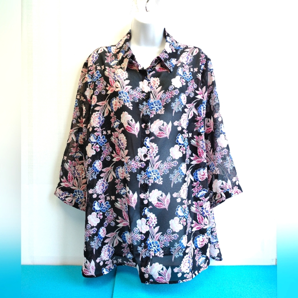 Attention Womens Floral Shirt 3/4 Sleeves Button Up Semi Sheer 2X